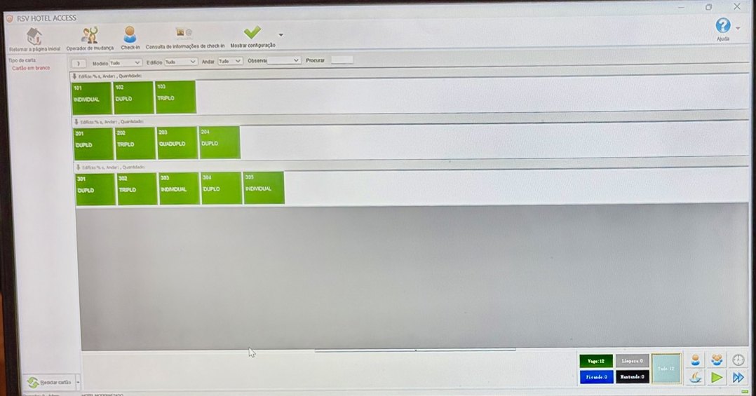 Tela do sistema RSV Hotel Access com os quartos 101 a 305 organizados por andar e os contadores de quartos vagos, em limpeza, ocupados e em manutenção.